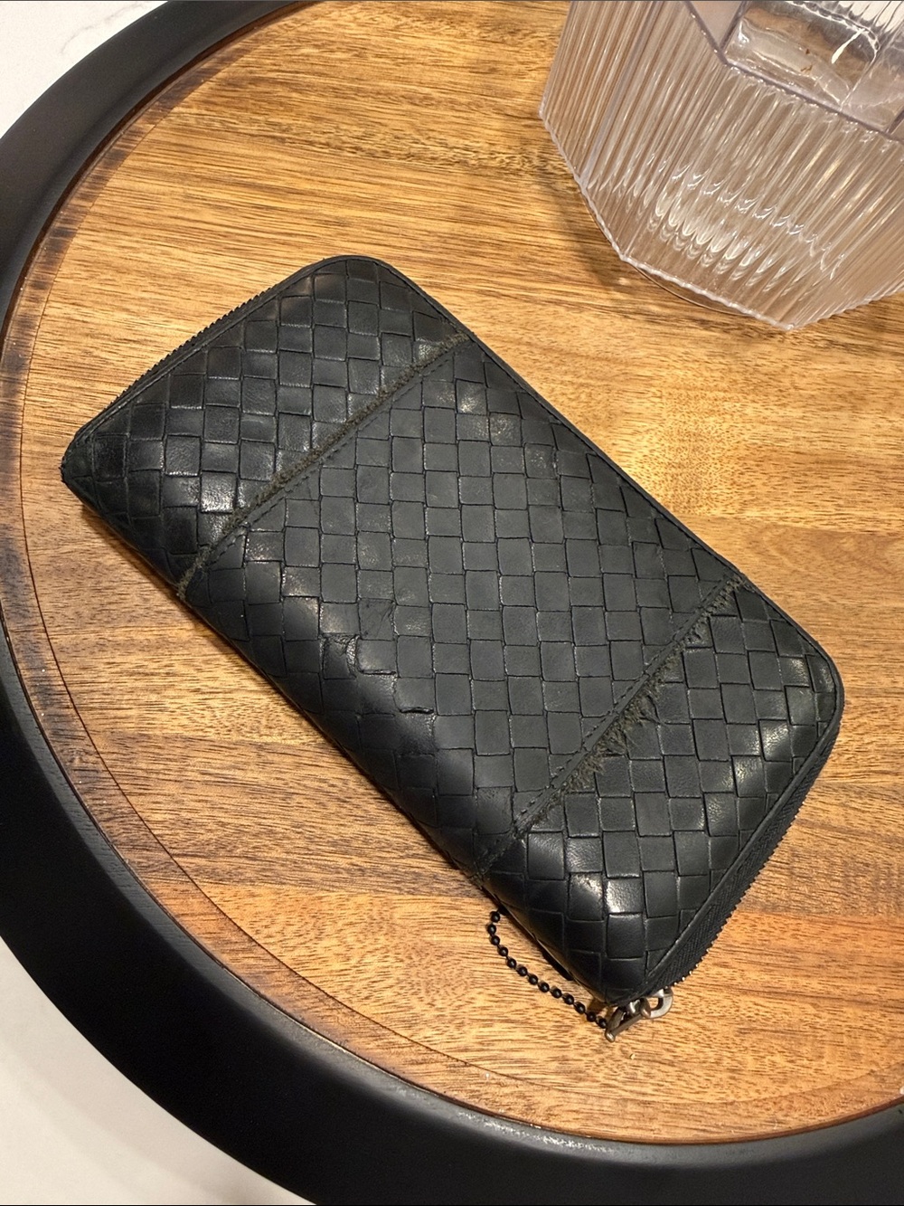 Bottega Veneta Black Intrecciato Zip Around Leather Wallet